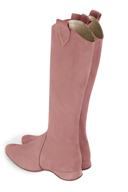Dusty rose pink women's cowboy boots. Round toe. Flat wedge heels. Made to measure. Rear view - Florence KOOIJMAN